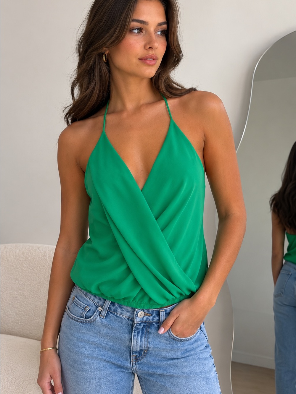 Dynamite Emerald Green Surplice Halter Cami